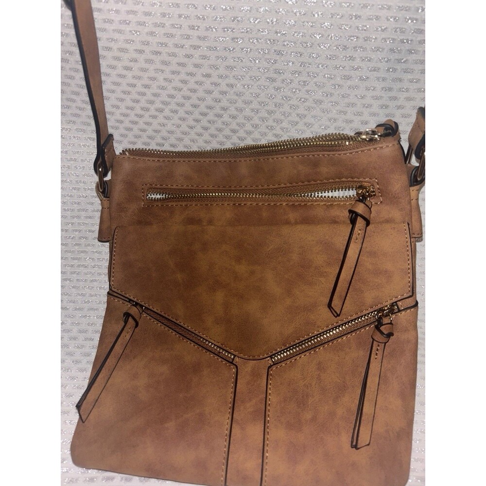 Brown Medium Crossbody Zip Bag Adjustable Strap Multiple Zipper Pockets Lined